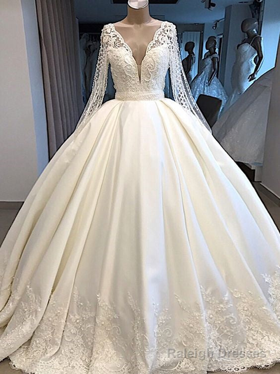 A Line Wedding Dress Ivory Satin Skirt Full Sleeve Bling Bling Plearls Bridal Prom Dress