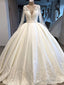 A Line Wedding Dress Ivory Satin Skirt Full Sleeve Bling Bling Plearls Bridal Prom Dress