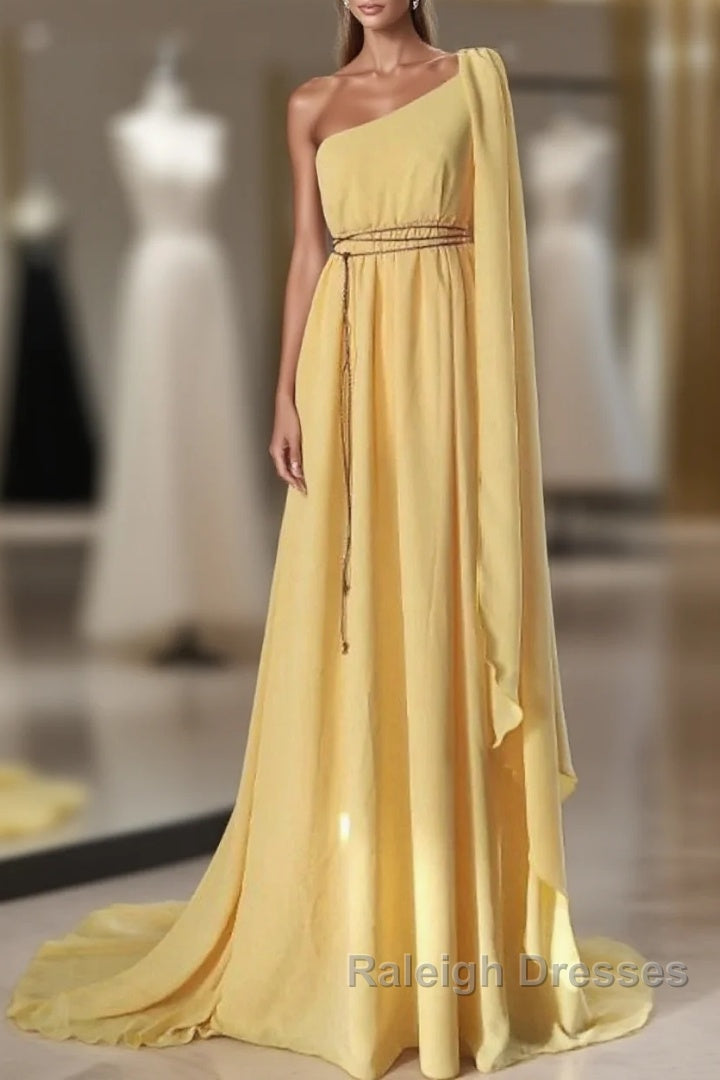 A-Line Wedding Guest Dresses Elegant Dress Evening Party Court Train Sleeveless One Shoulder Chiffon With Strappy