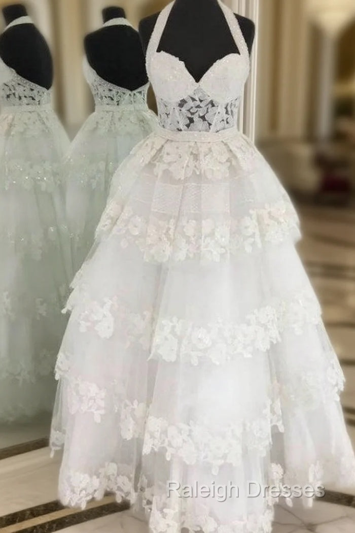 A-Line White Halter Neck Sleeveless With Layers Prom Dress
