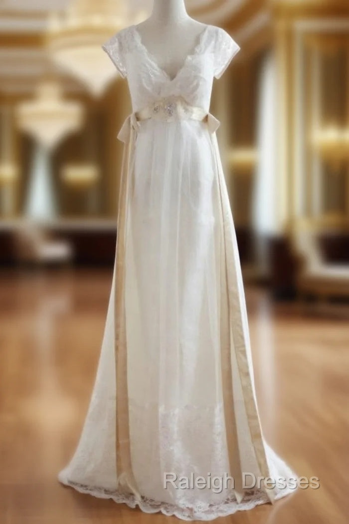 A Line White Lace Deep V Neck Backless High Waist Wedding Dresses
