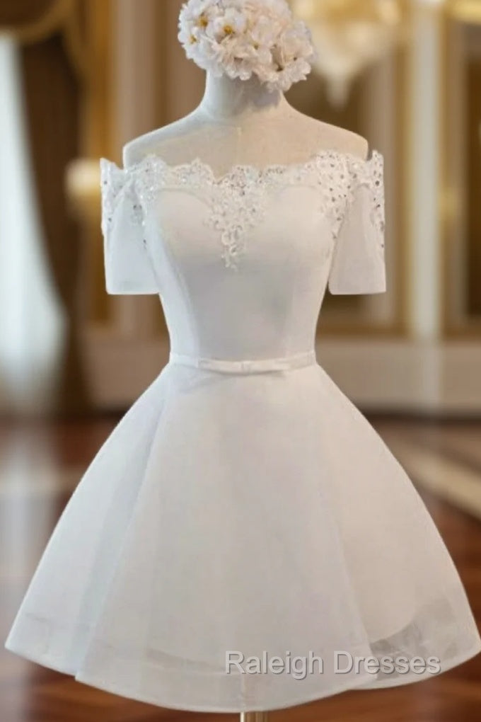 A Line White Lace Short Sleeve Homecoming Dresses Main image