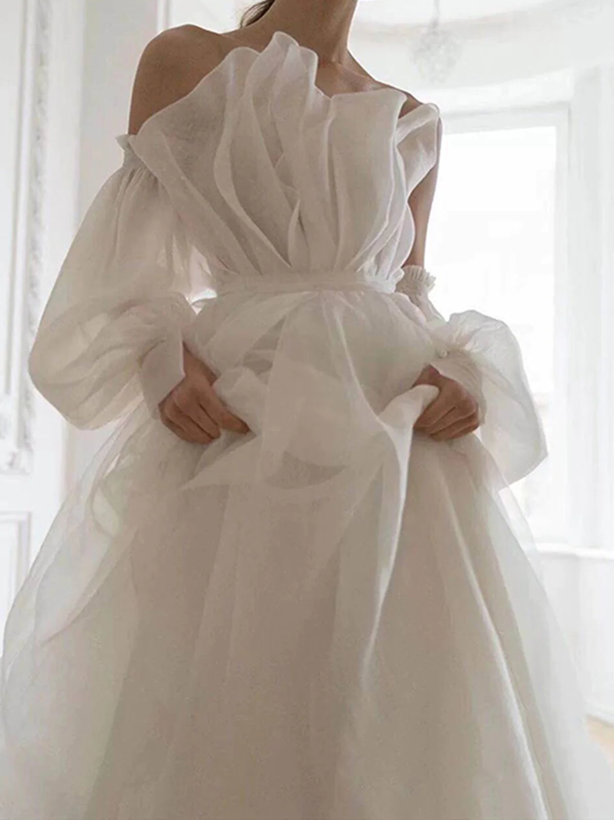 A Line White Long Organza Formal Prom Dress Formal Dress