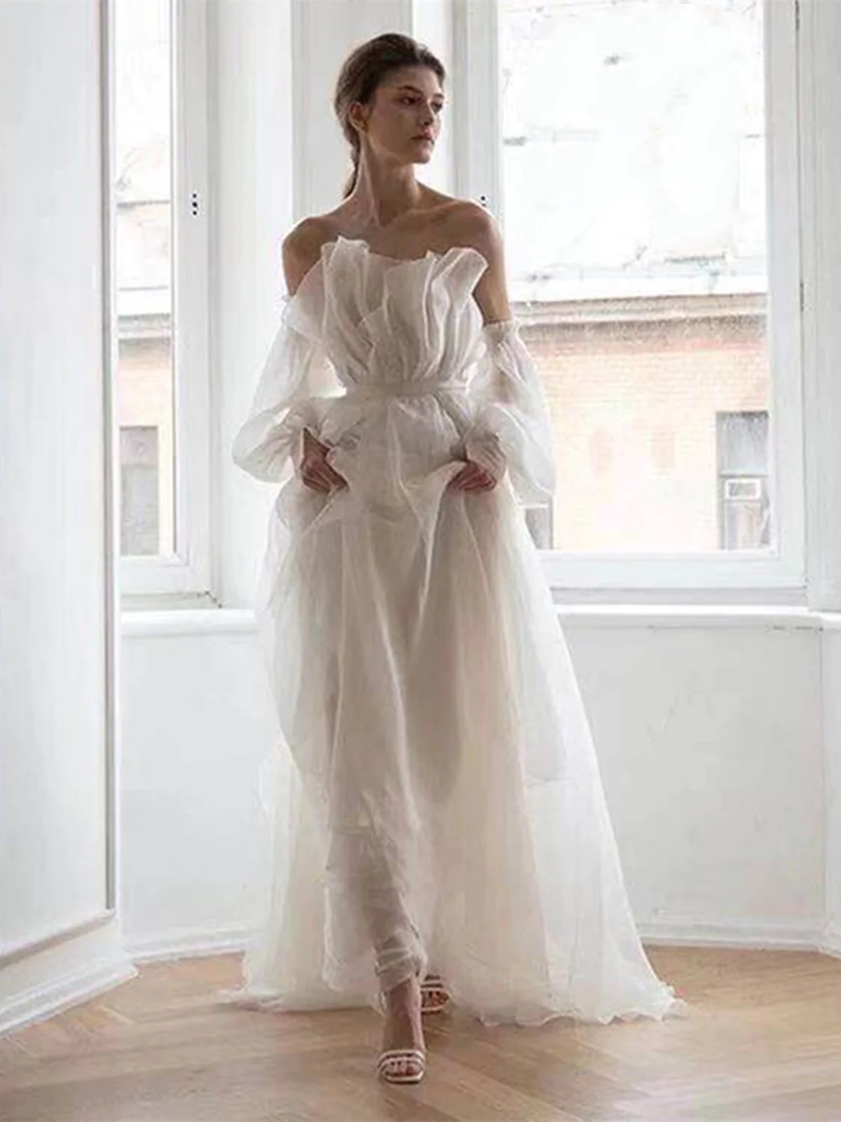 A Line White Long Organza Formal Prom Dress Formal Dress