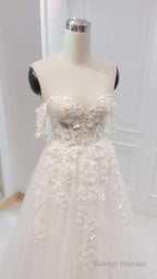 A-Line White Off The Shoulder Wedding Dresses With Flower Embroidery Beautiful