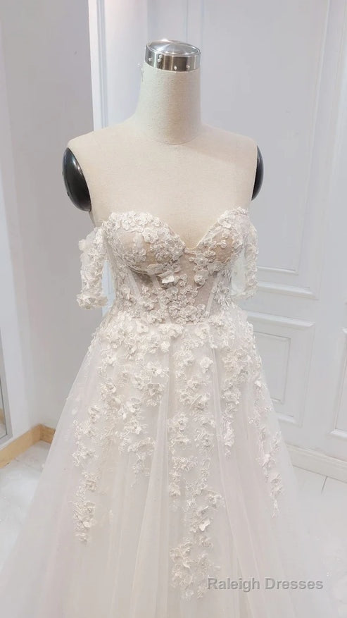 A-Line White Off The Shoulder Wedding Dresses With Flower Embroidery Beautiful