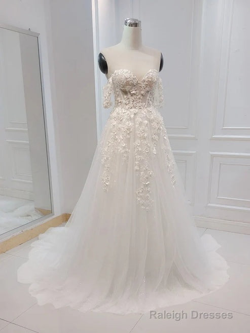 A-Line White Off The Shoulder Wedding Dress With Flower Embroidery Beautiful Main image