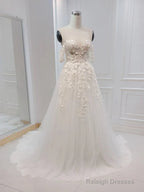 A-Line White Off The Shoulder Wedding Dress With Flower Embroidery Beautiful