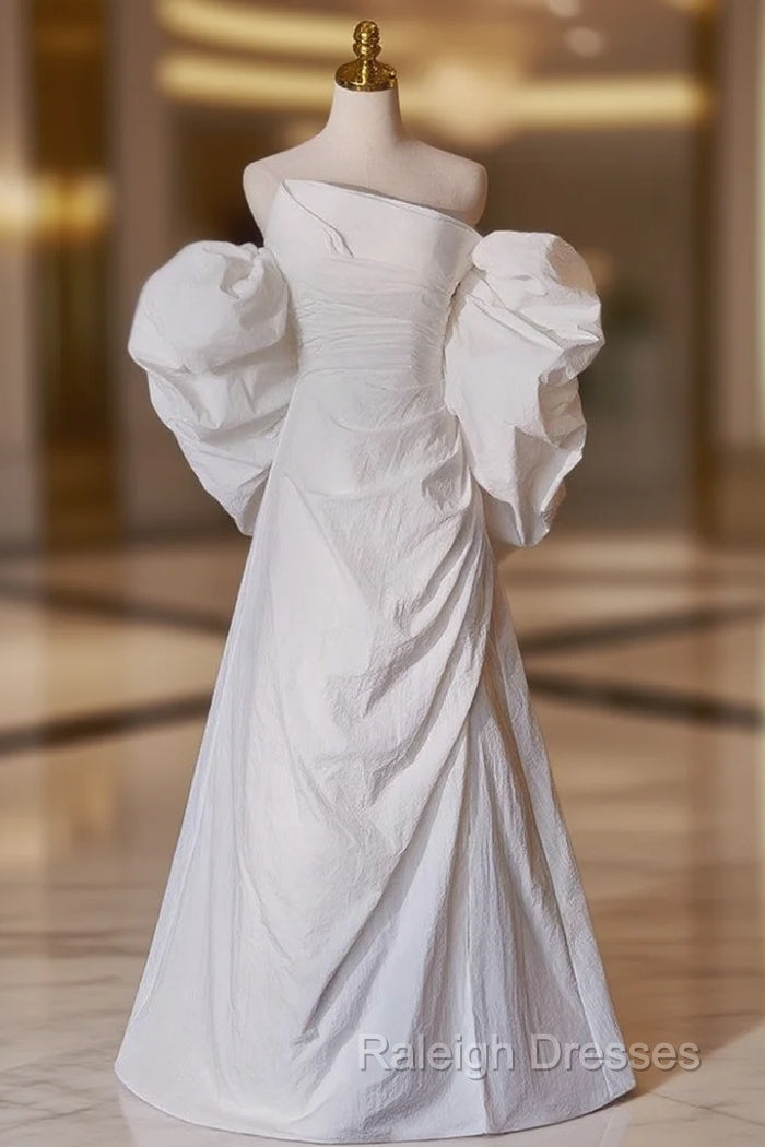 A Line White Pleats Long Wedding Dresses