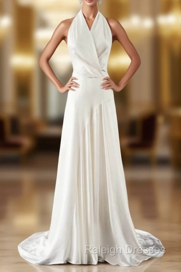 A Line White Satin Halter Backless Wedding Dresses Main image