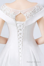 A-Line White Satin Lace Off The Shoulder Wedding Dresses