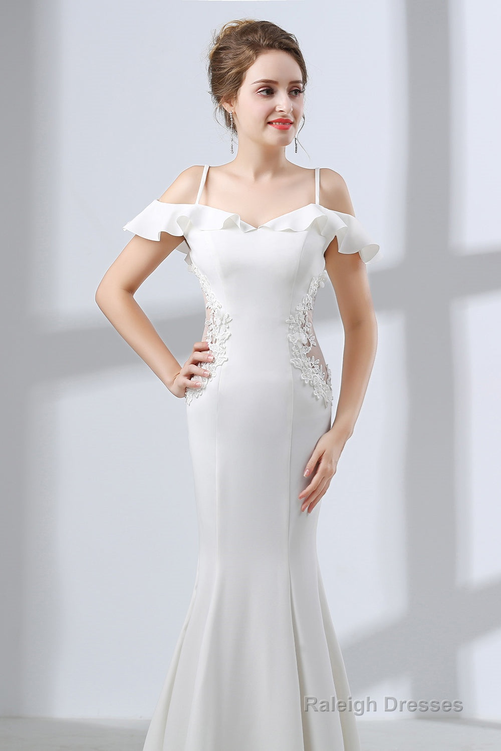 A-Line White Satin Short Sleeve Off the Shoulder Prom Dresses Secondary image
