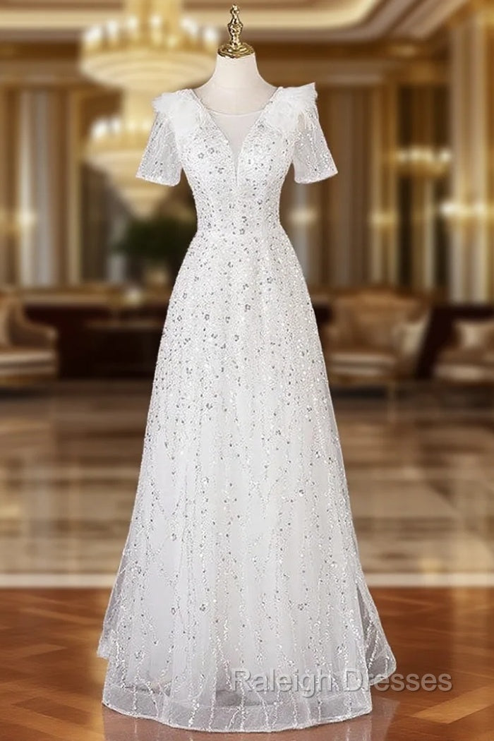 A-Line White Tulle Sequins Short Sleeve Prom Dress Main image