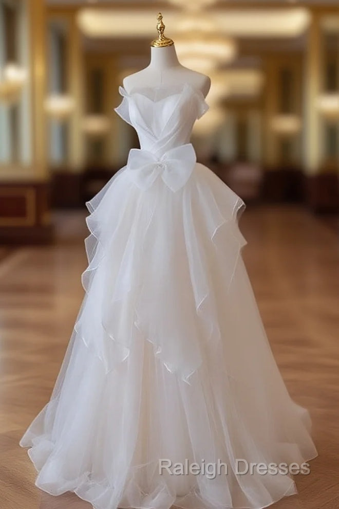 A Line White Tulle Wedding Dresses With Bow