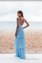 A Line Wide Straps Blue Sleeveless Floor Length Prom Dress,Blue Bridesmaid Dress