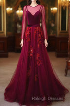 A-Line Wine Red Velvet And Tulle Long Party Dress, Wine Red Evening Dress Prom Dress