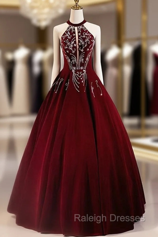 A-Line Wine Red Velvet Beaded Party Dress, Wine Red Long Prom Dress