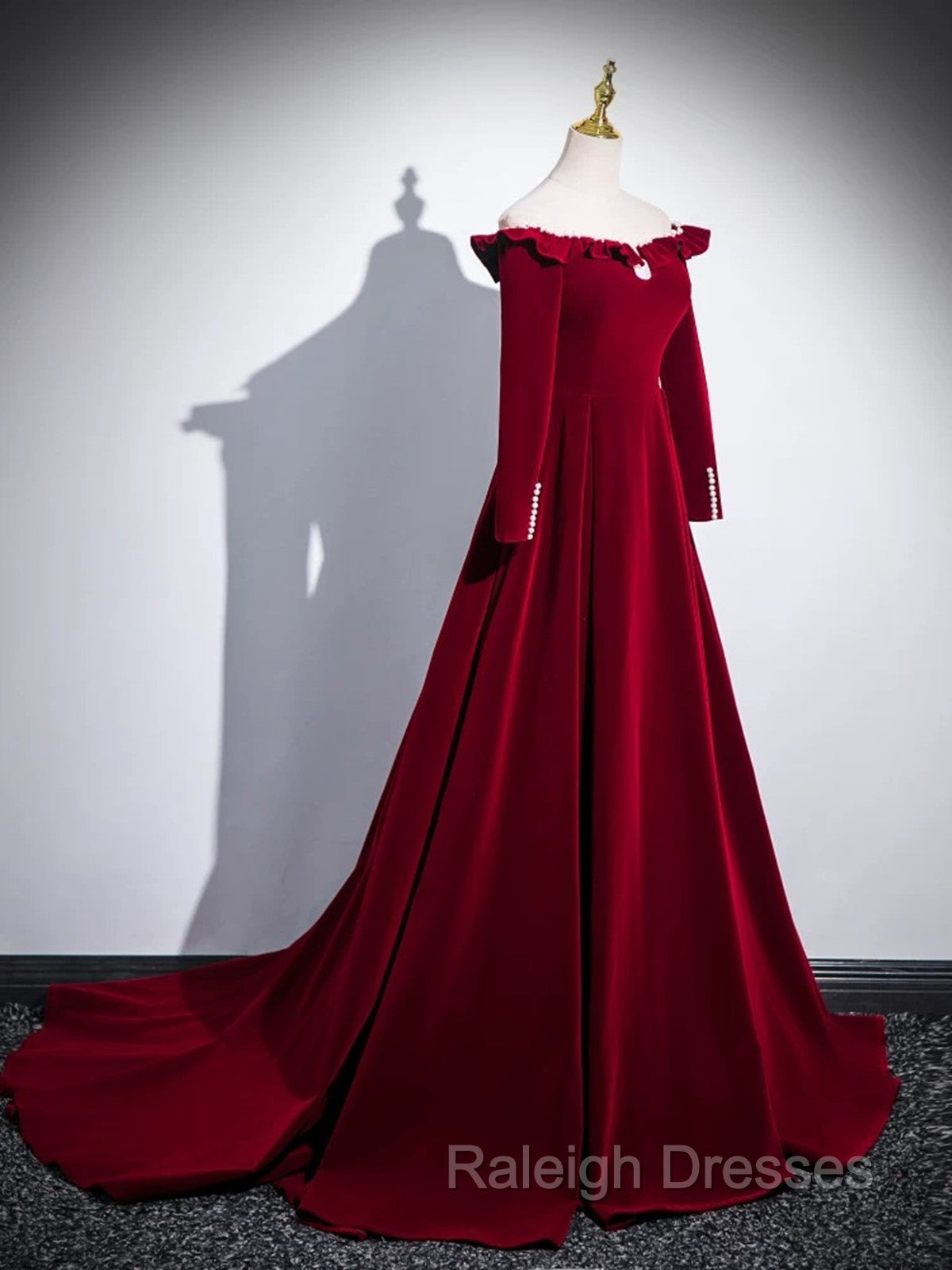 A Line Wine Red Velvet Long Sleeves Low Back Prom Dress, Wine Red Prom Dress Secondary image