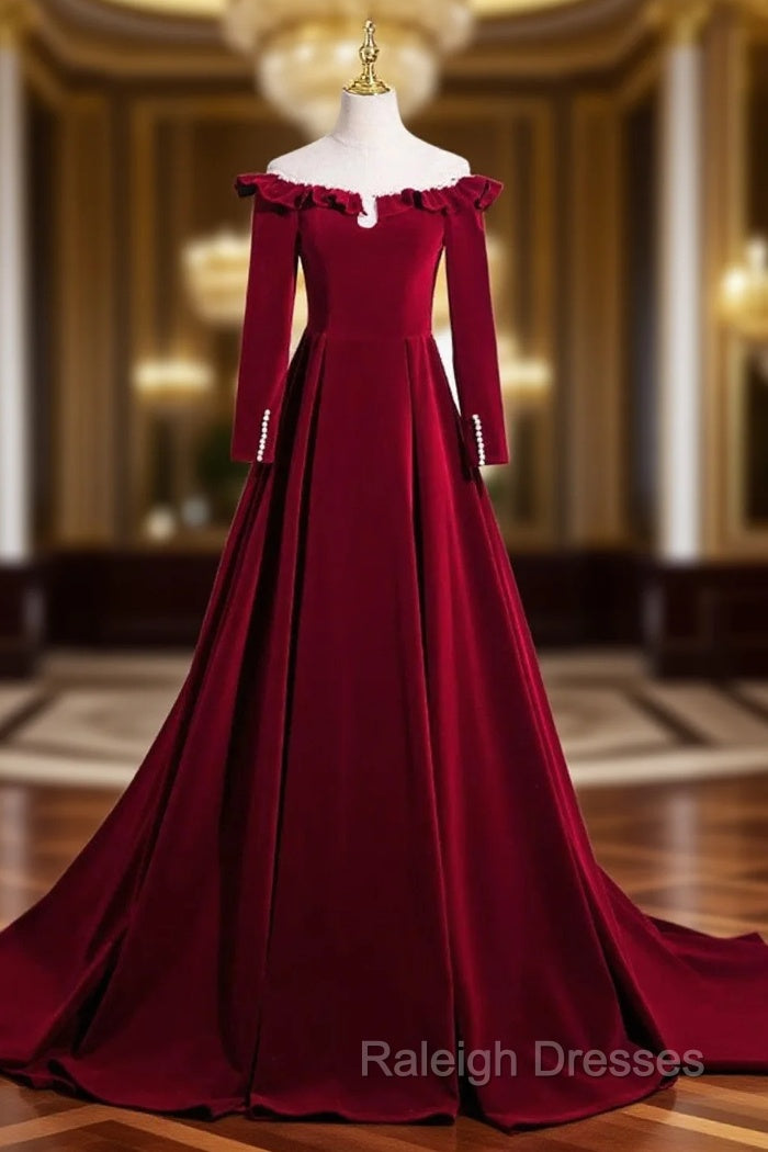 A-line Wine Red Velvet Long Sleeves Low Back Prom Dress, Wine Red Party Dress Main image
