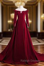 A-line Wine Red Velvet Long Sleeves Low Back Prom Dress, Wine Red Party Dress
