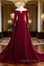 A-line Wine Red Velvet Long Sleeves Low Back Prom Dress, Wine Red Party Dress