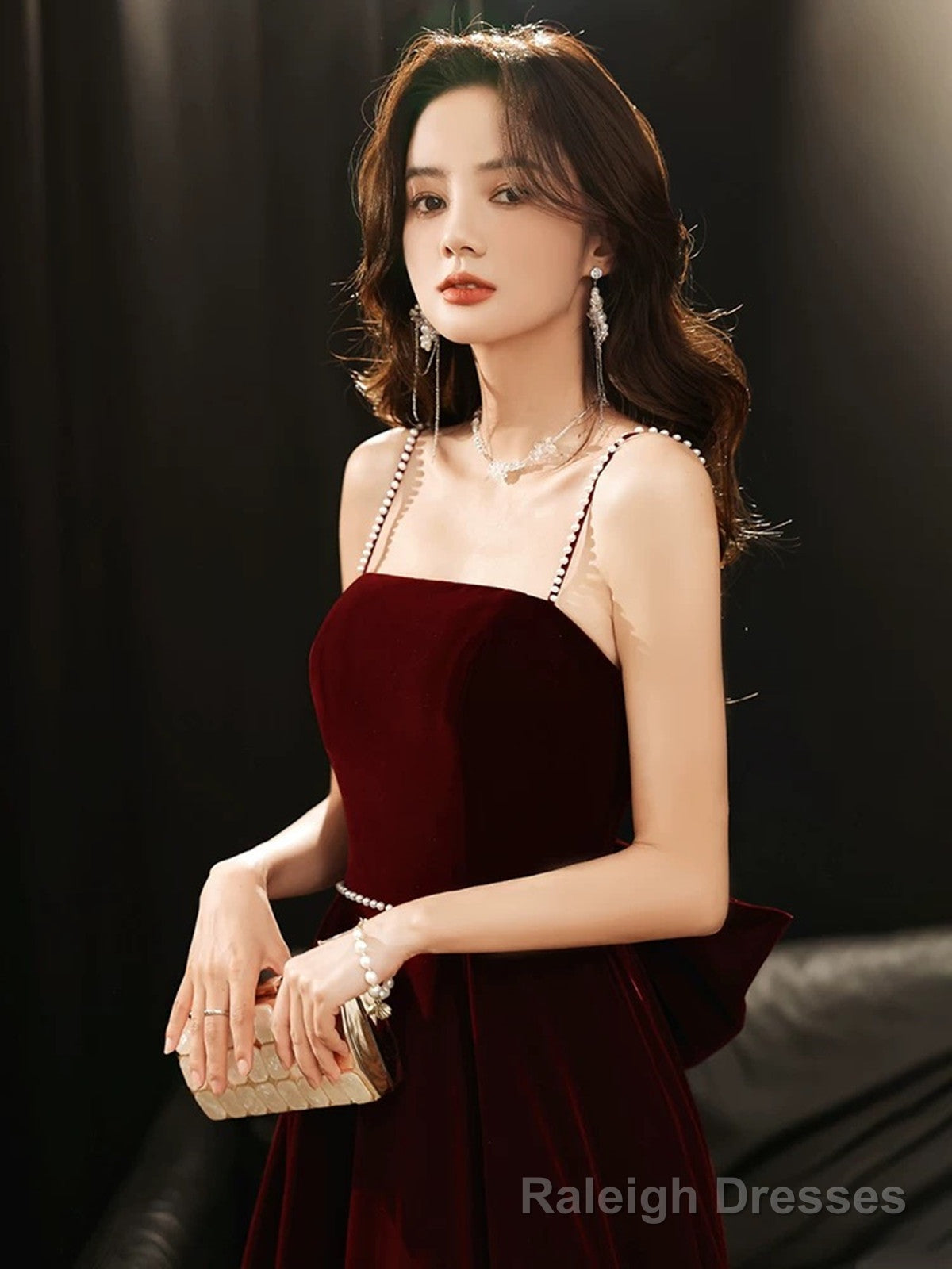 A-line Wine Red Velvet Straps Long Party Dress, Wine Red Velvet Prom Dress Secondary image