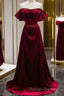 A-Line Wine Red Velvet Sweetheart Wedding Party Dress, Wine Red Velvet Prom Dress