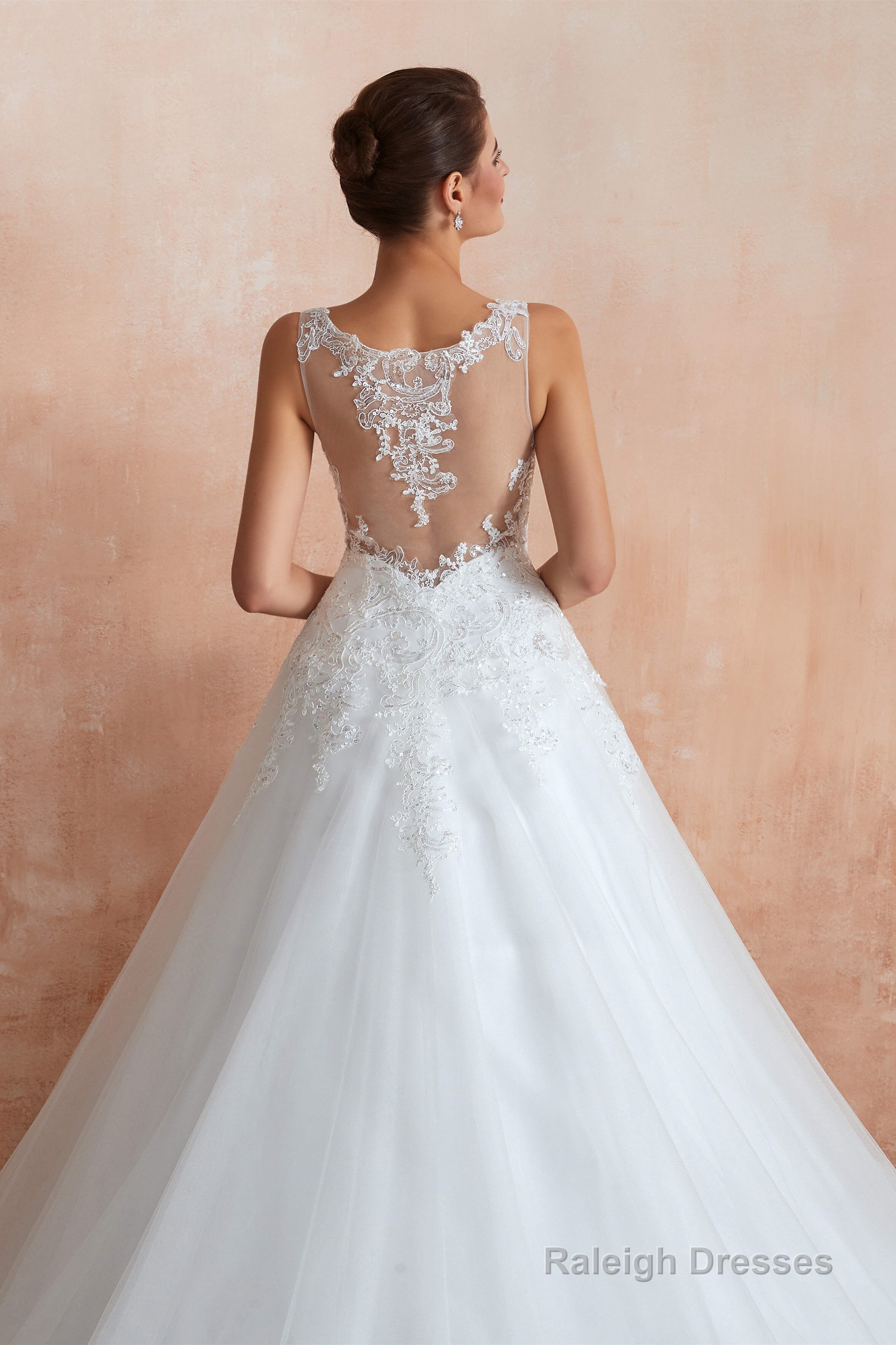 A-line with Sequined Appliques Tulle Illusion Back Wedding Dresses