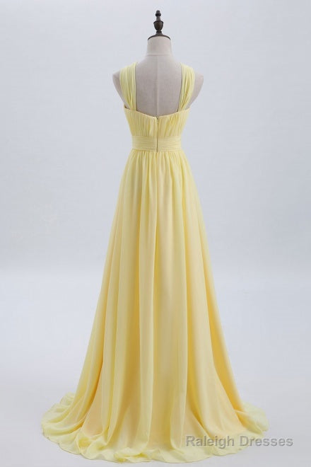 A-Line Yellow Chiffon Long Bridesmaid Dresses