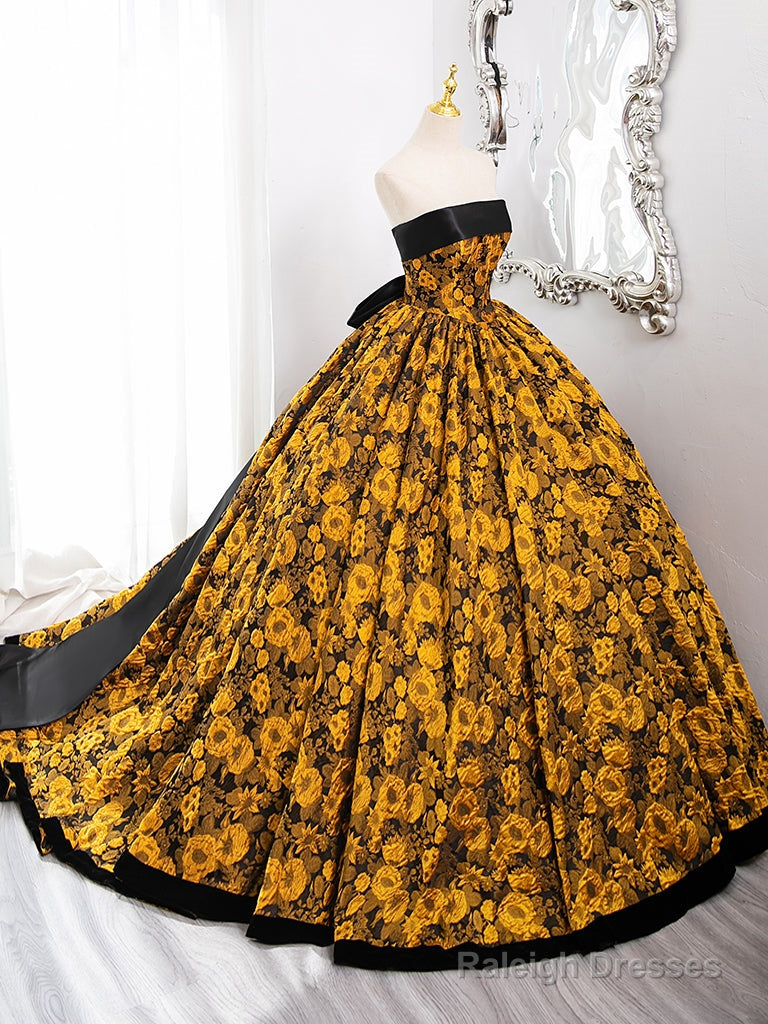 A-Line Yellow Satin Lace Long Prom Dress, Yellow Long Evening Dress Secondary image
