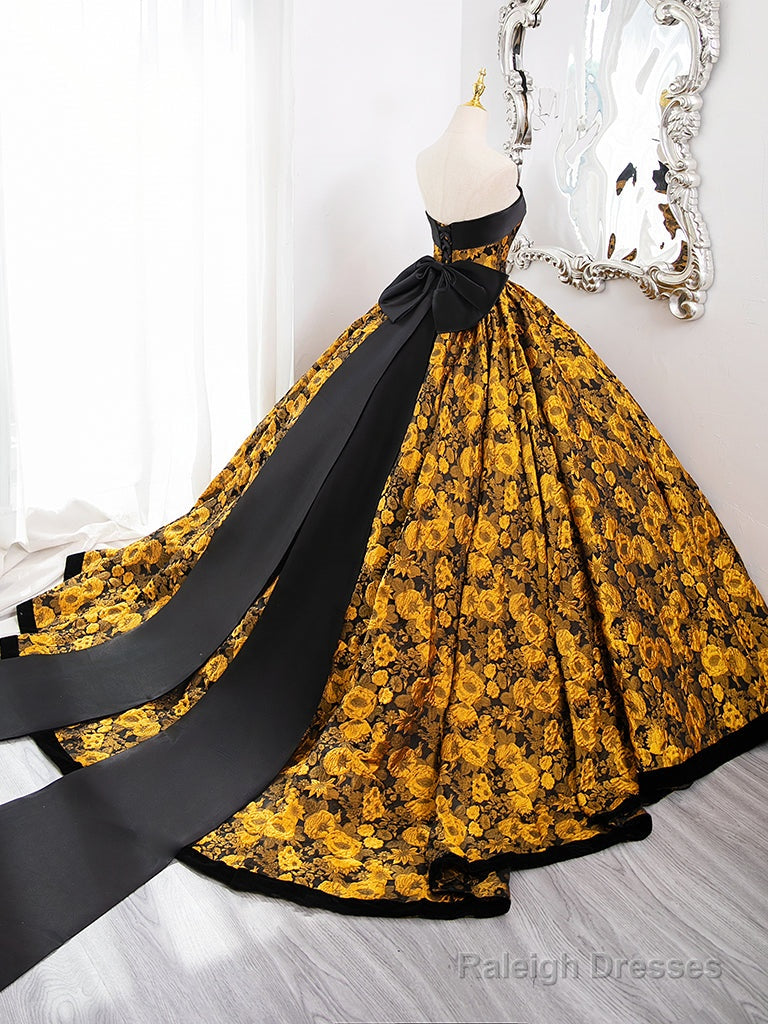 A-Line Yellow Satin Lace Long Prom Dresses Yellow Long Prom Dresses