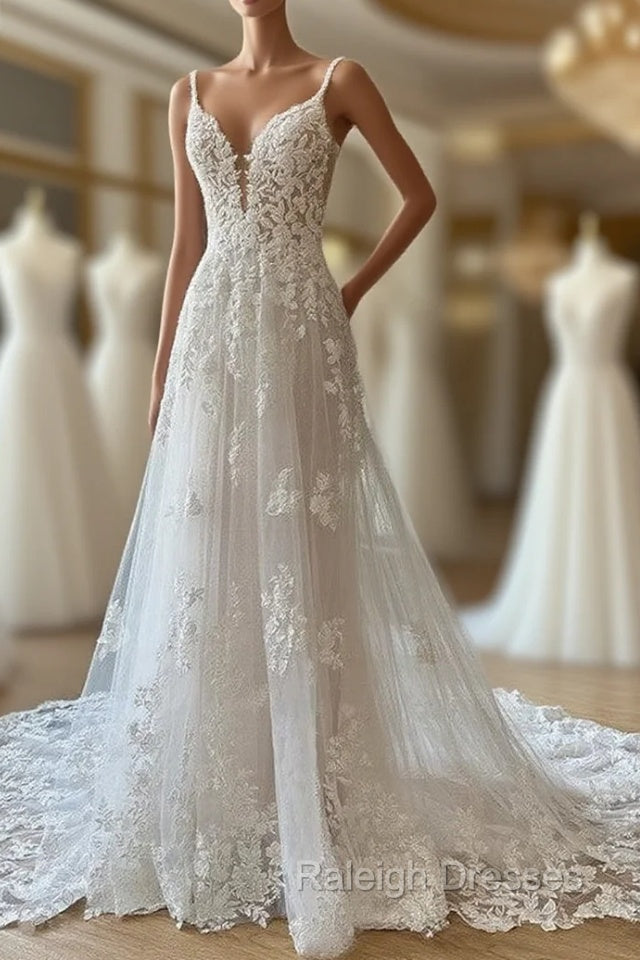A-Lineprincess Lace Applique V-Neck Sleeveless And Floor Length Wedding Dress