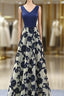 Stylish Dark Blue A Line V Neck Long Prom Dress, Dark Blue Evening Dress