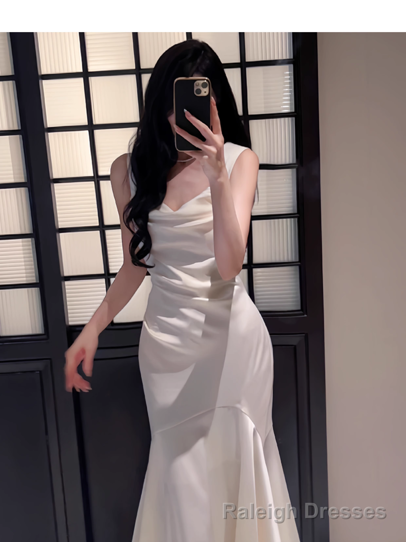 Elegant Mermaid Prom Dress Satin White Long Prom Dress
