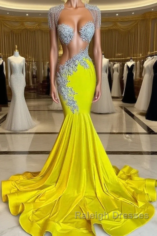 Yellow Scoop Prom Dress with Beadings and Tassels - Mermaid Long Main image