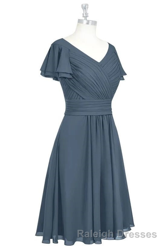 Red Chiffon V Neck Ruffled A Line Short Bridesmaid Dresses