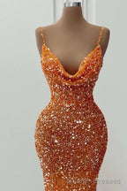 Orange V Neck Spaghetti-Straps Mermaid Long Prom Dress With Sequins