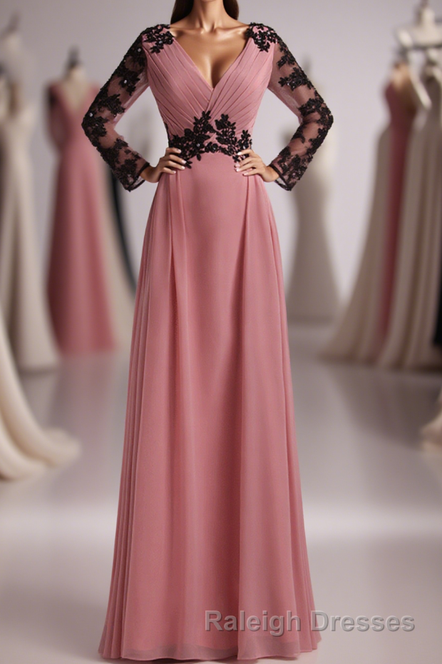 Dusty Pink Chiffon Long Sleeve Mother of the Bride Dress with Appliques Main image