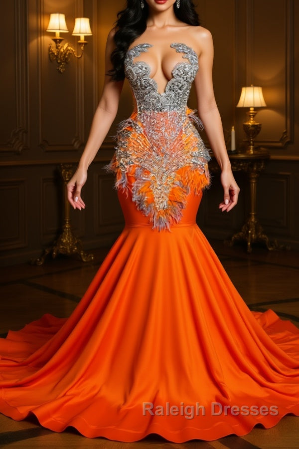 Orange Sleeveless Illusion Mermaid Prom Dresses With Beadings and Feather Main image