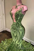 Exquisite Green V Neck Sequins Sleeveless Floor Length Mermaid Prom Dresses