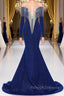 Deep V Neck Shiny Royal Blue Long sleeves Mermaid Prom Dresses