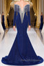Deep V-neck Shiny Royal Blue Long sleeves Mermaid Prom Dress