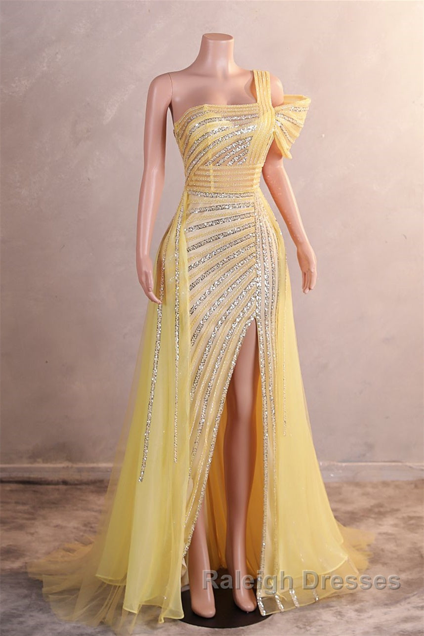 One-Shoulder Beading Sweep Train Backless Evening Dress
