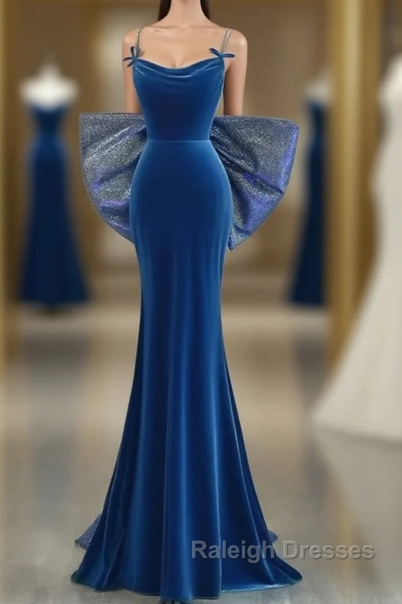Simple Velvet Blue Mermaid Long Prom Dresses Backless Velvet Blue Prom Dresses Main image