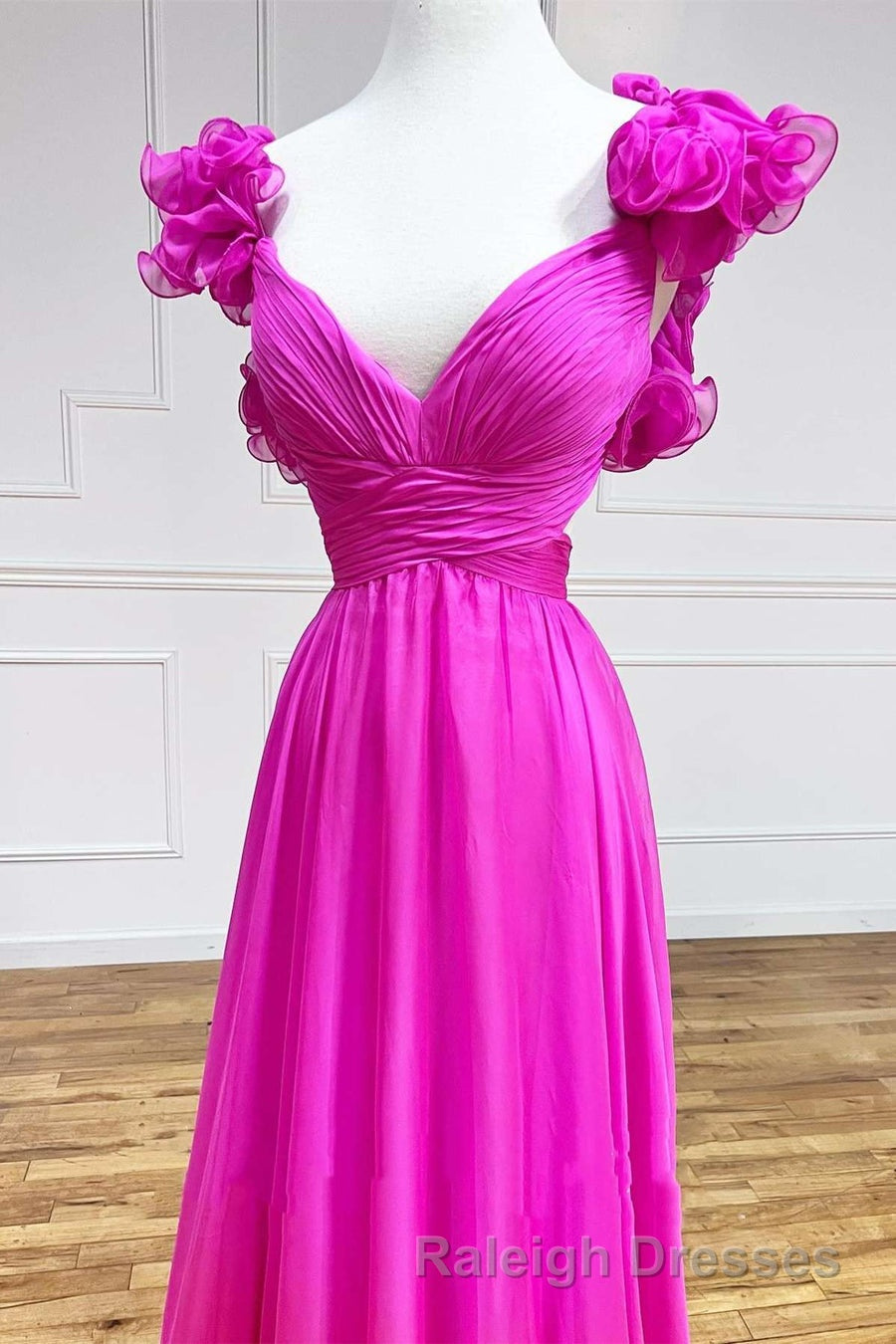 Lace-Up Fuchsia V-Neck Ruffle Pleated Long Prom Dress Secondary image