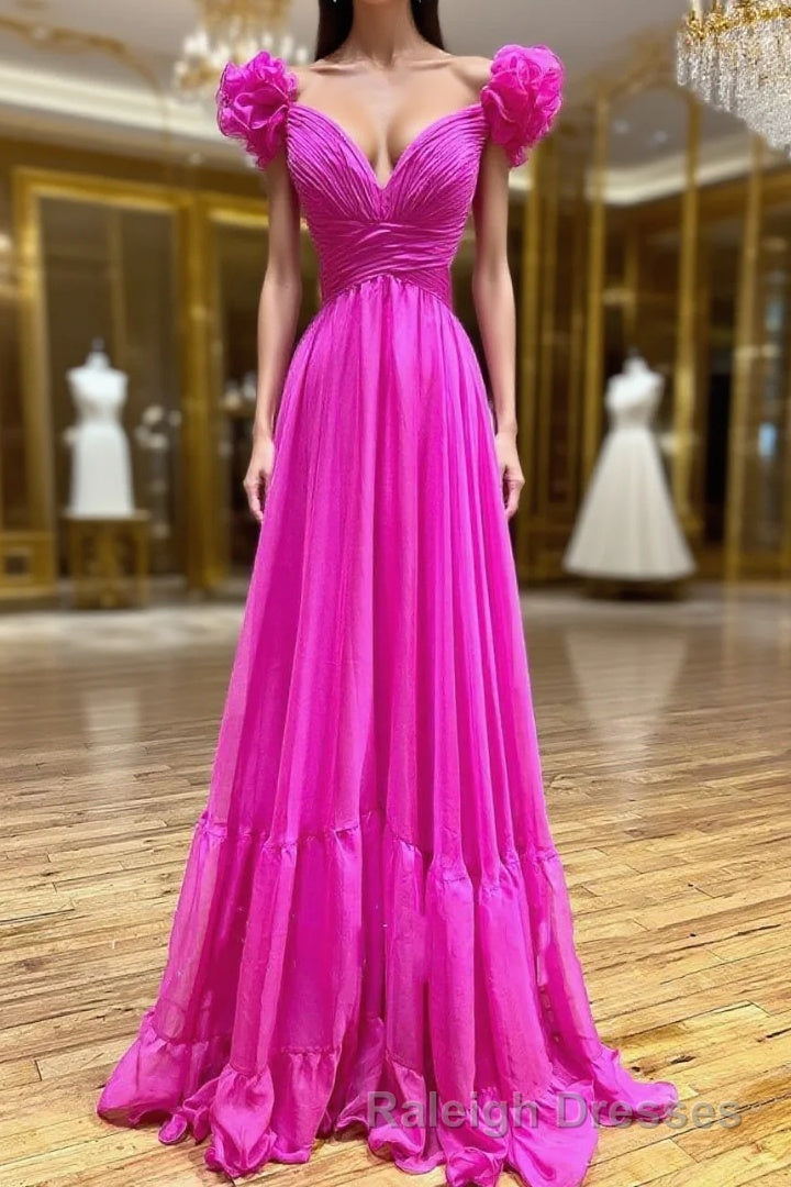 Lace-Up Fuchsia V-Neck Ruffle Pleated Long Prom Dress Main image
