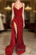 Red Sequins Prom Dress with Slit Shiny Floor-Length Party Dress