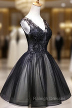 Adorable Black V Neckline Lace and Tulle Prom Dress, Short Prom Dress