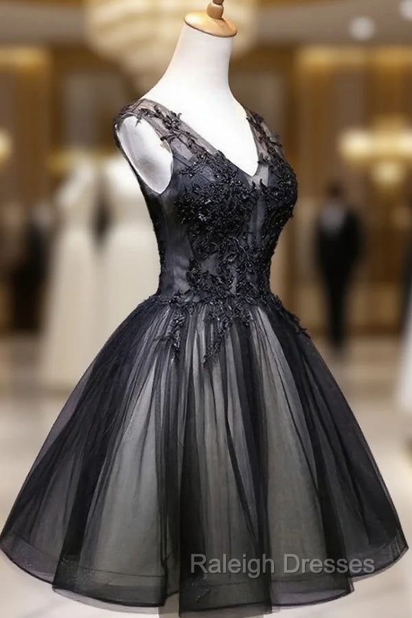 Adorable Black V Neckline Lace and Tulle Prom Dress, Short Prom Dress