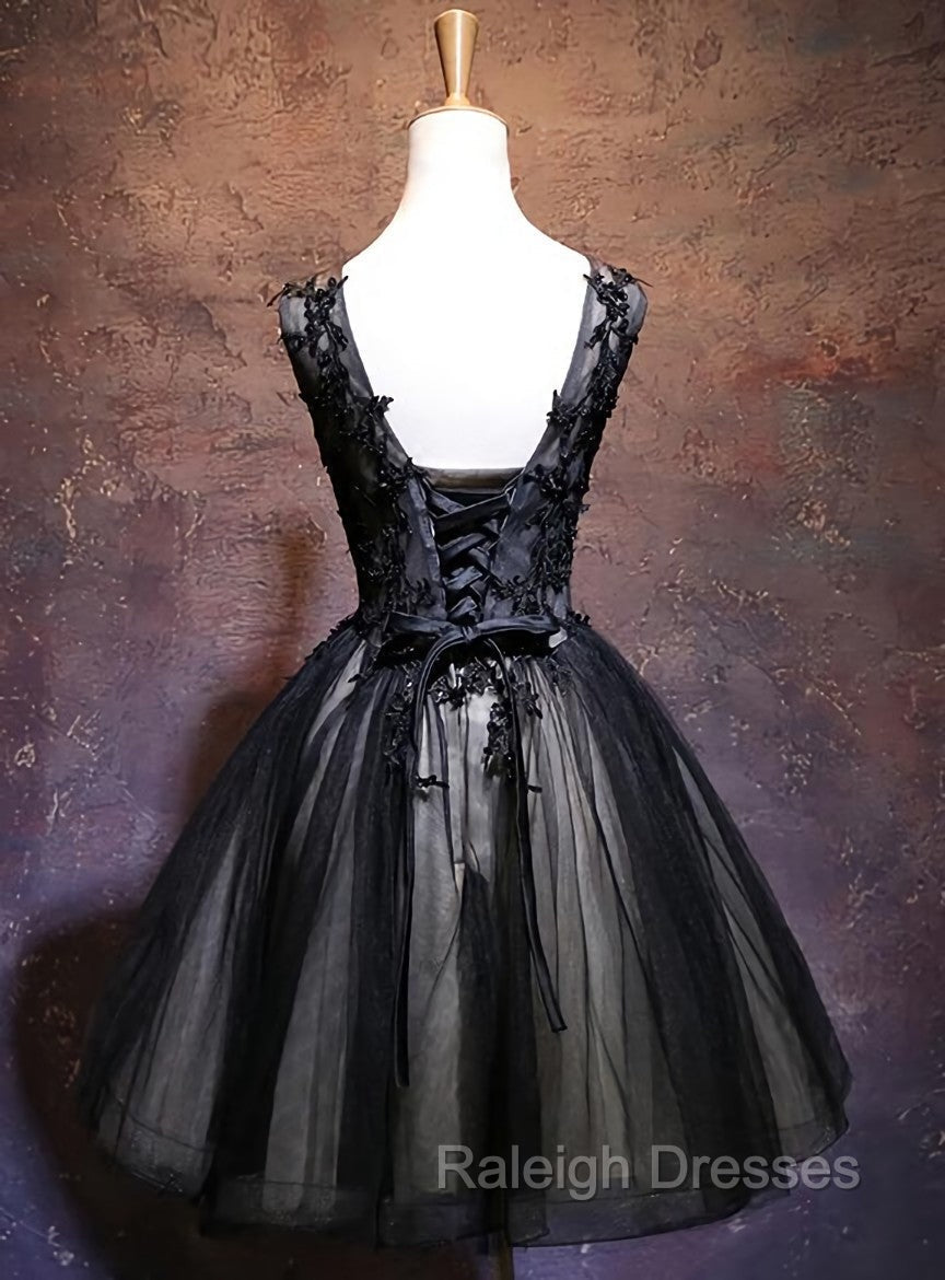 Adorable Black V Neckline Lace and Tulle Prom Dress, Short Prom Dress